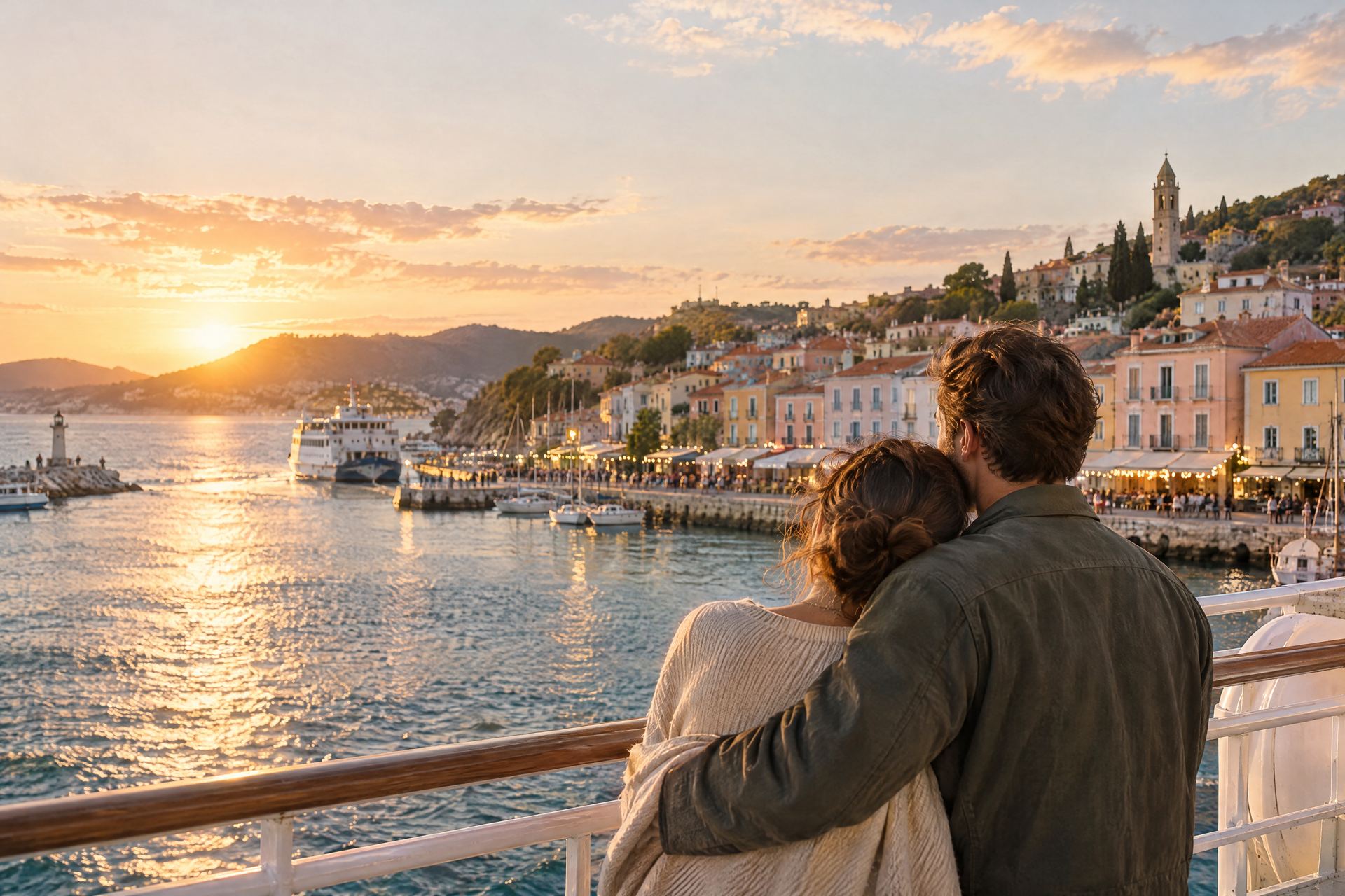 A couple at golden hour, a harbor town glowing behind them